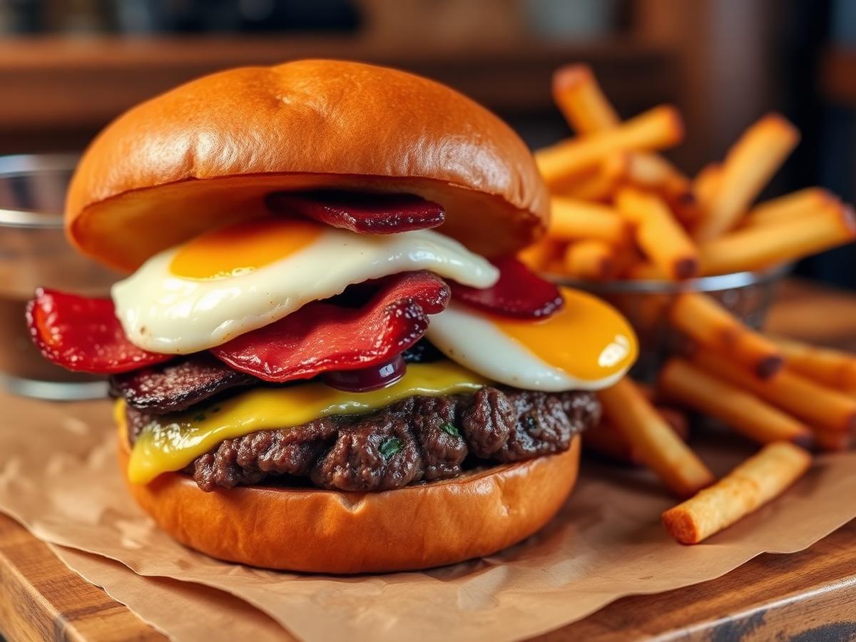 Double beef burger with bacon and egg served with chips